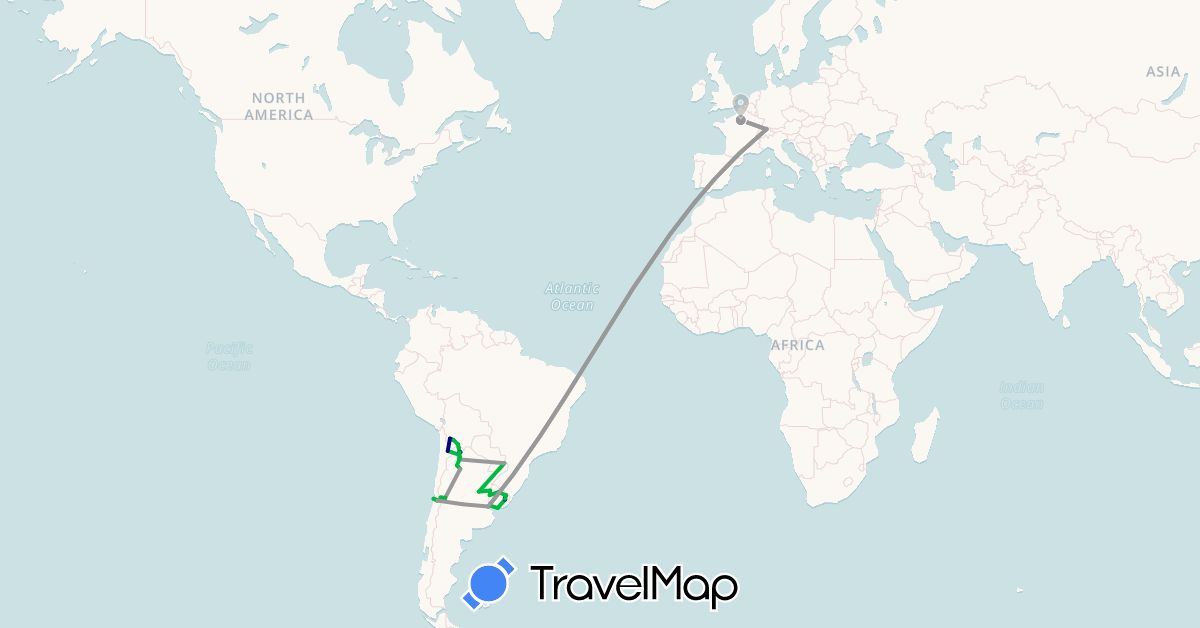 TravelMap itinerary: driving, bus, plane, cycling, train, hiking, boat in Argentina, Bolivia, Switzerland, Chile, France, Uruguay (Europe, South America)